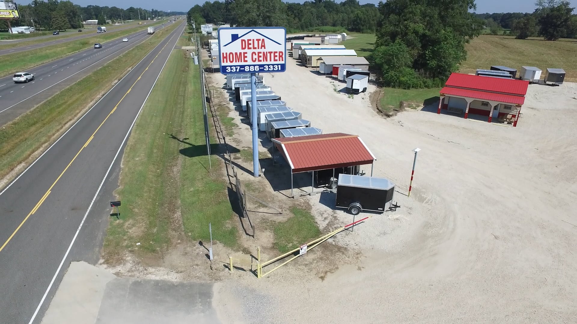 Aerial view of Delta Trailer Sales lot at 4840 NE Evangeline Thru, Carencro, Louisiana showing rows of trailers in stock